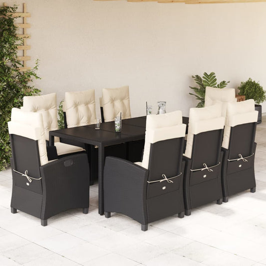 Set da Pranzo da Giardino 9 pz con Cuscini Nero in Polyrattan - homemem39