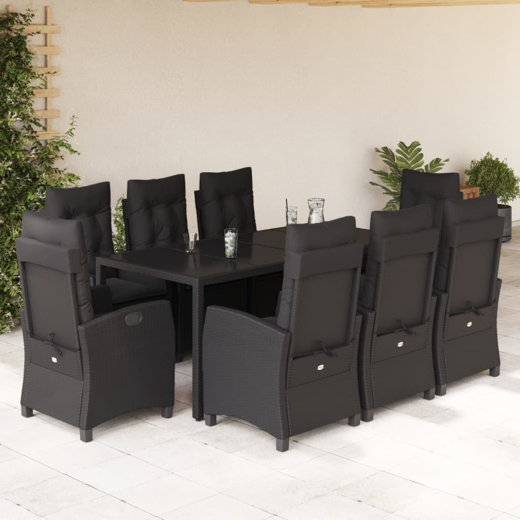 Set da Pranzo da Giardino 9 pz con Cuscini Nero in Polyrattan - homemem39