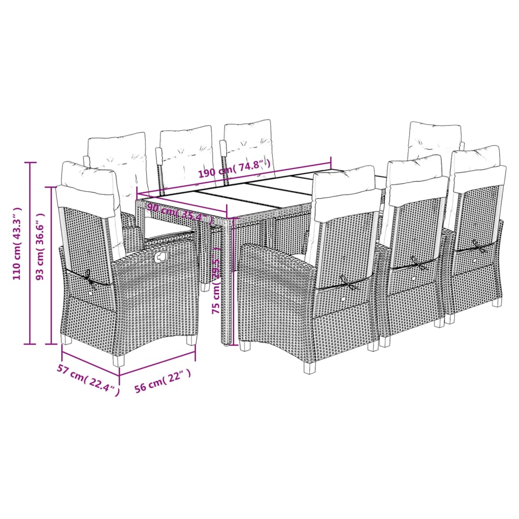 Set da Pranzo da Giardino 9 pz con Cuscini in Polyrattan Grigio | homemem39