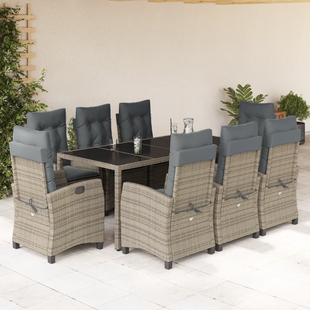 Set da Pranzo da Giardino 9 pz con Cuscini in Polyrattan Grigio - homemem39