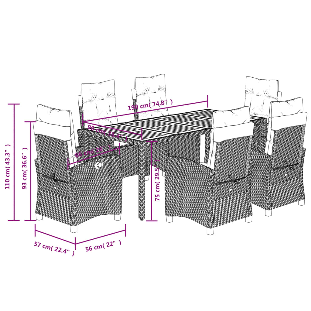 Set da Pranzo da Giardino 7 pz Nero con Cuscini in Polyrattan | homemem39