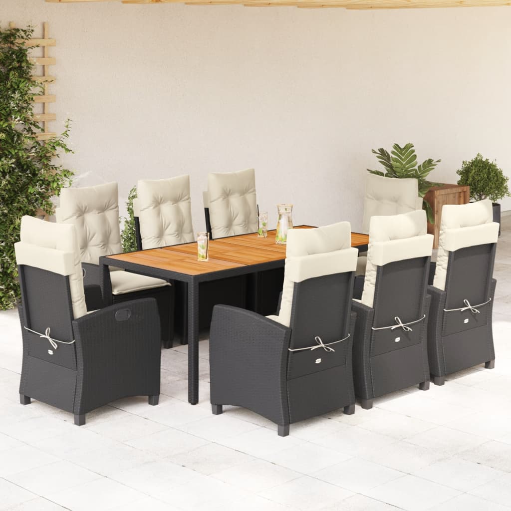 Set da Pranzo da Giardino 9 pz con Cuscini Nero in Polyrattan | homemem39