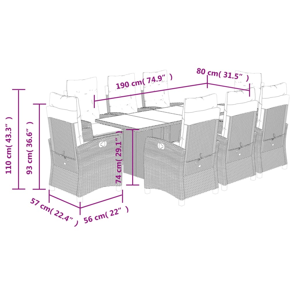 Set da Pranzo da Giardino 9 pz con Cuscini in Polyrattan Grigio | homemem39