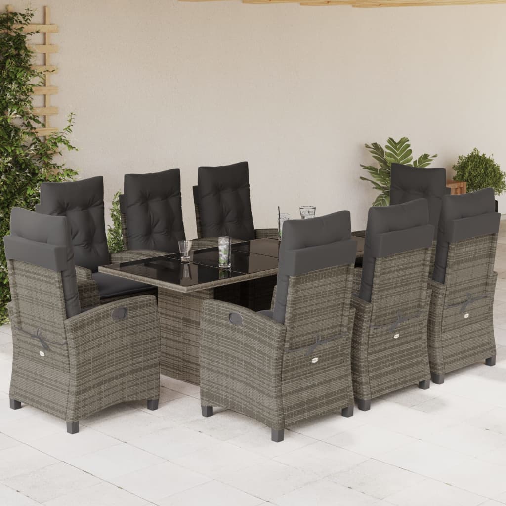 Set da Pranzo da Giardino 9 pz con Cuscini in Polyrattan Grigio - homemem39