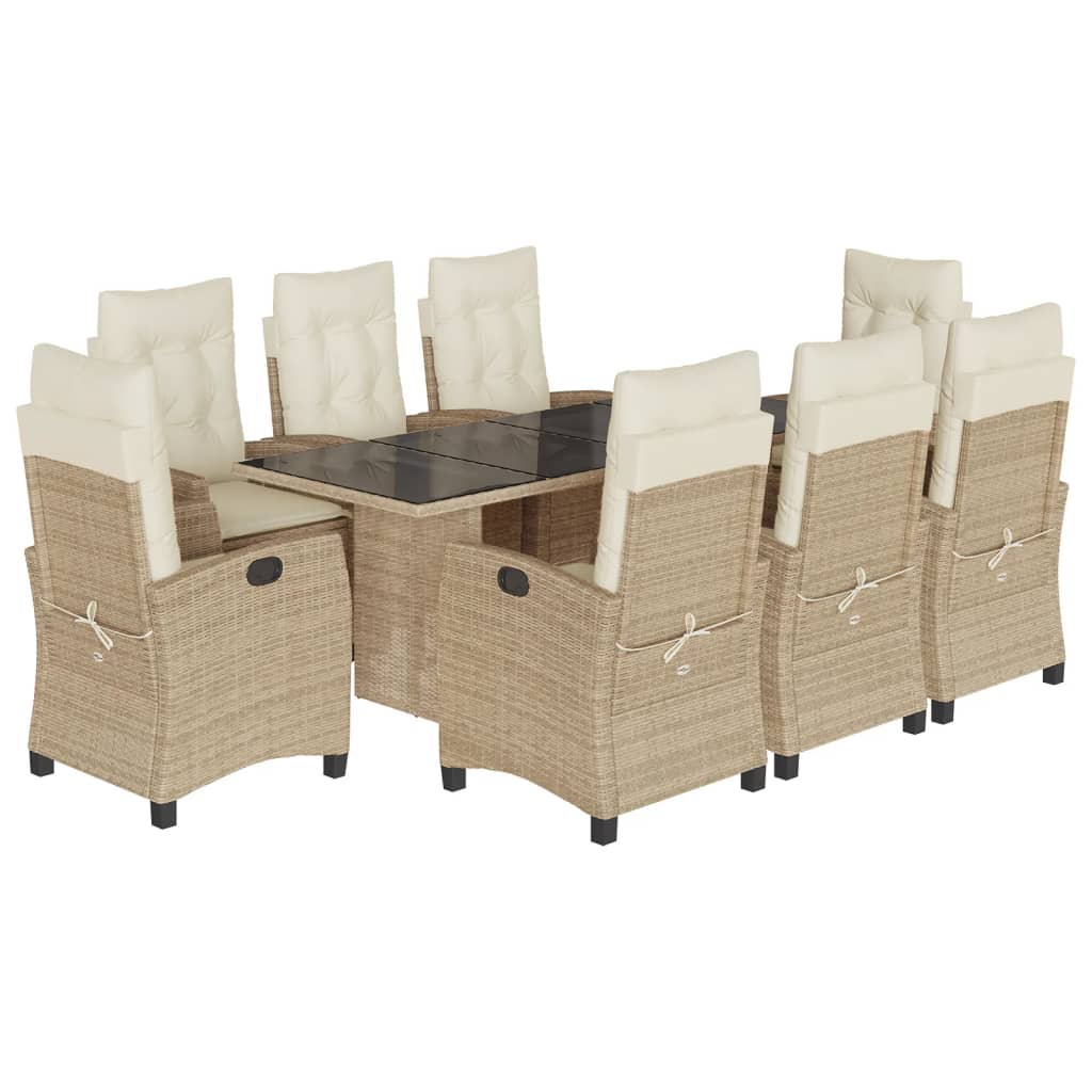 Set da Pranzo da Giardino 9 pz con Cuscini Beige in Polyrattan