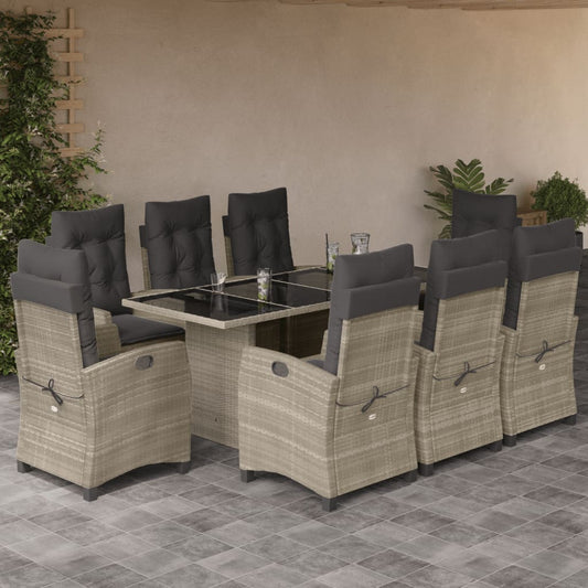 Set Pranzo da Giardino 9pz con Cuscini Grigio Chiaro Polyrattan - homemem39