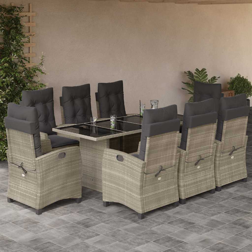 Set Pranzo da Giardino 9pz con Cuscini Grigio Chiaro Polyrattan - homemem39