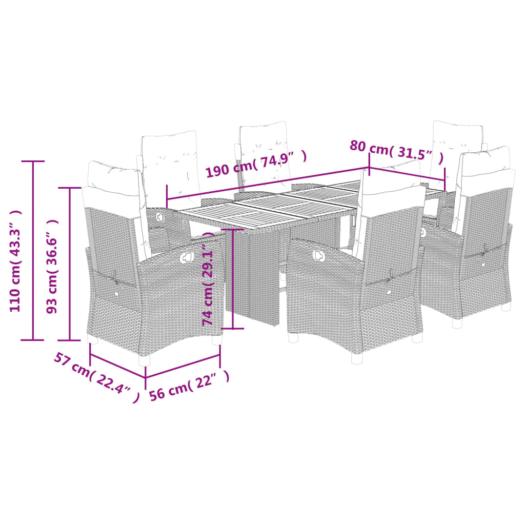 Set da Pranzo da Giardino 7 pz Nero con Cuscini in Polyrattan | homemem39