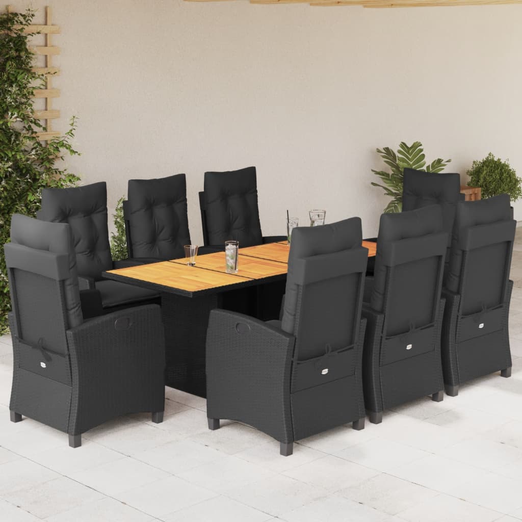 Set da Pranzo da Giardino 9 pz con Cuscini Nero in Polyrattan - homemem39