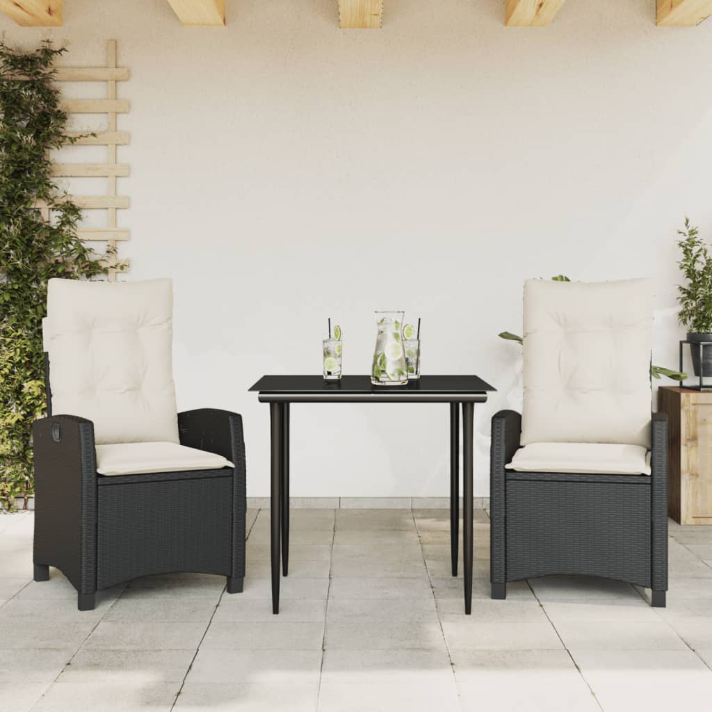 Set da Pranzo da Giardino 3 pz con Cuscini Nero in Polyrattan