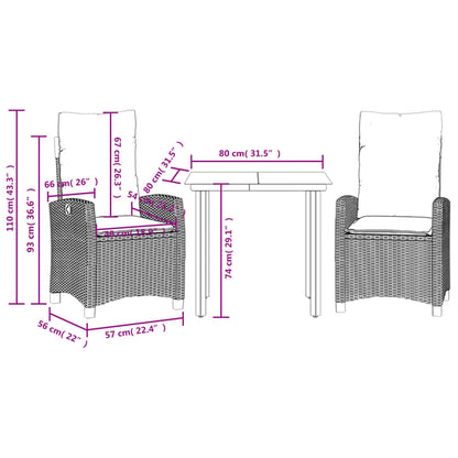 Set da Pranzo da Giardino 3 pz con Cuscini Nero in Polyrattan