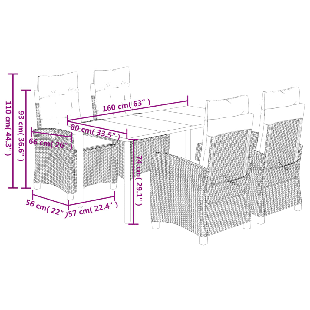 Set da Pranzo da Giardino 5 pz Nero con Cuscini in Polyrattan | homemem39