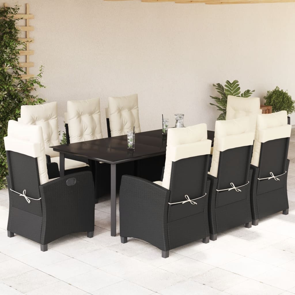 Set da Pranzo da Giardino 9 pz con Cuscini Nero in Polyrattan - homemem39