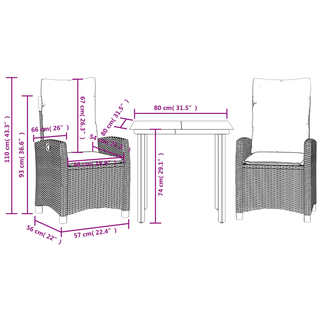 Set da Pranzo da Giardino 3 pz con Cuscini Nero in Polyrattan