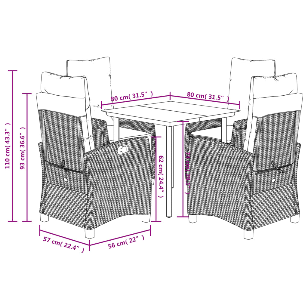 Set da Pranzo da Giardino 5 pz Nero con Cuscini in Polyrattan