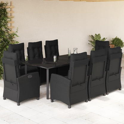Set da Pranzo da Giardino 9 pz con Cuscini Nero in Polyrattan