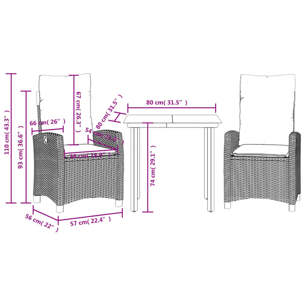 Set da Pranzo da Giardino 3pz con Cuscini in Polyrattan Marrone
