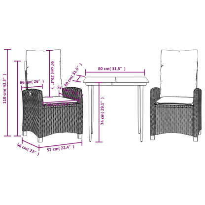 Set da Pranzo da Giardino 3 pz con Cuscini in Polyrattan Grigio