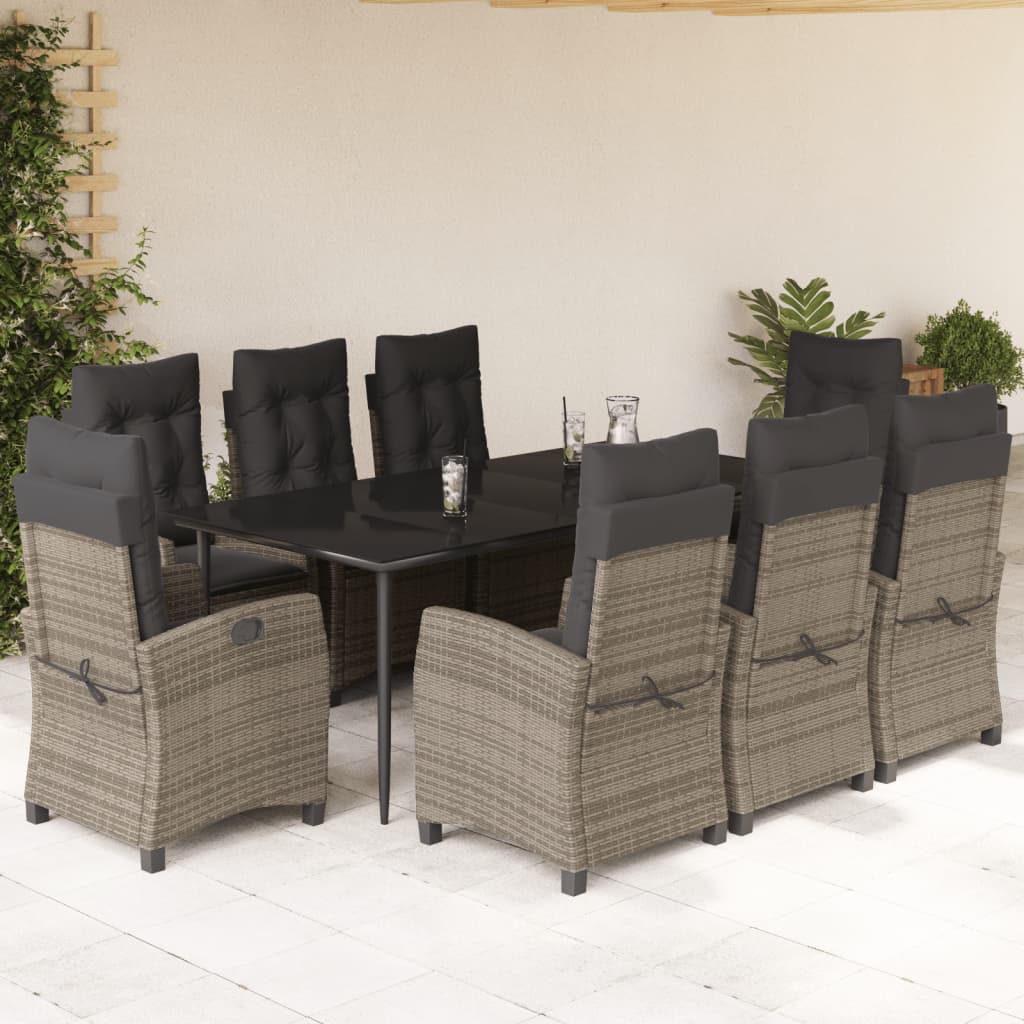 Set da Pranzo da Giardino 9 pz con Cuscini in Polyrattan Grigio - homemem39
