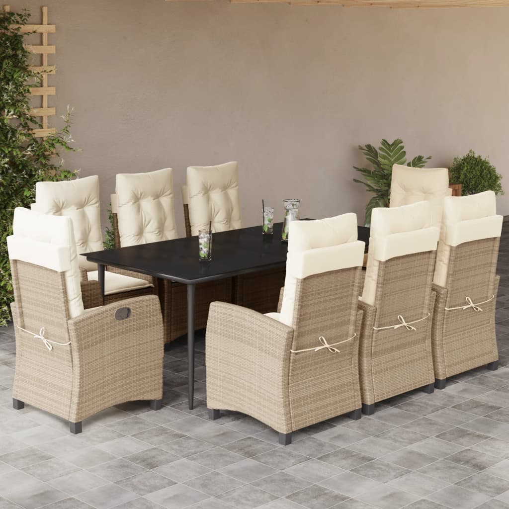 Set da Pranzo da Giardino 9 pz con Cuscini Beige in Polyrattan - homemem39