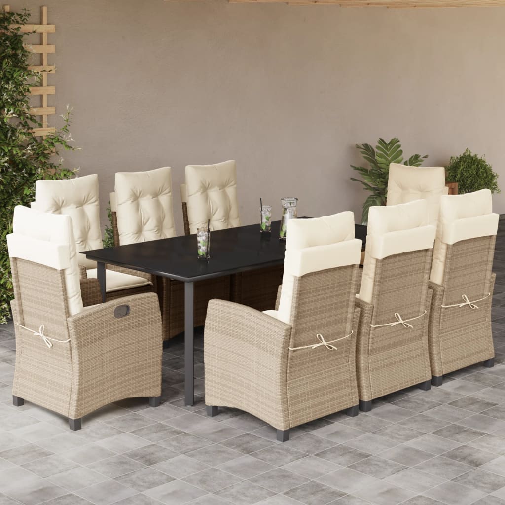 Set da Pranzo da Giardino 9 pz con Cuscini Beige in Polyrattan - homemem39