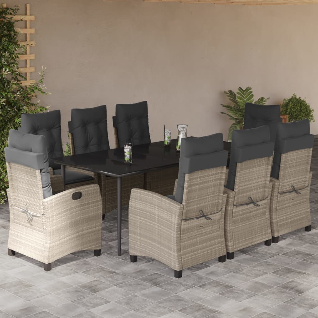 Set Pranzo da Giardino 9pz con Cuscini Grigio Chiaro Polyrattan - homemem39
