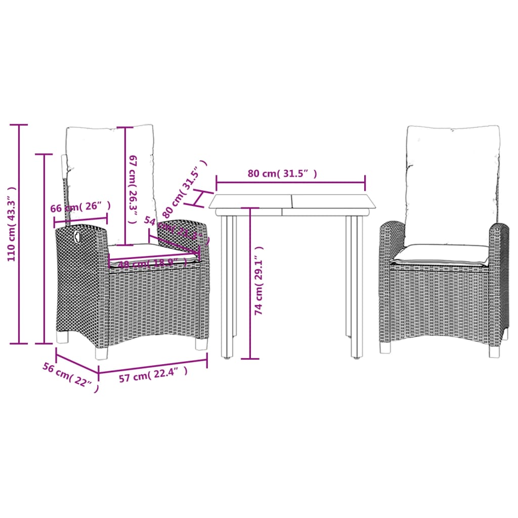 Set Pranzo da Giardino 3pz con Cuscini Grigio Chiaro Polyrattan