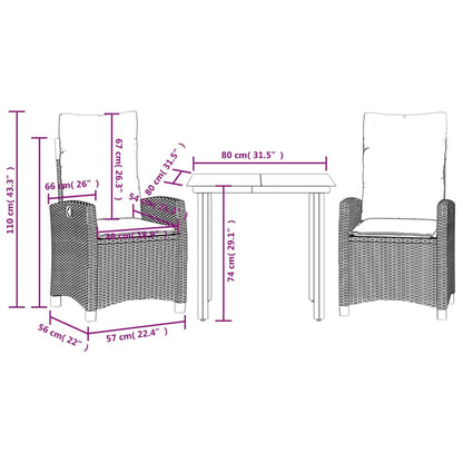 Set Pranzo da Giardino 3pz con Cuscini Grigio Chiaro Polyrattan