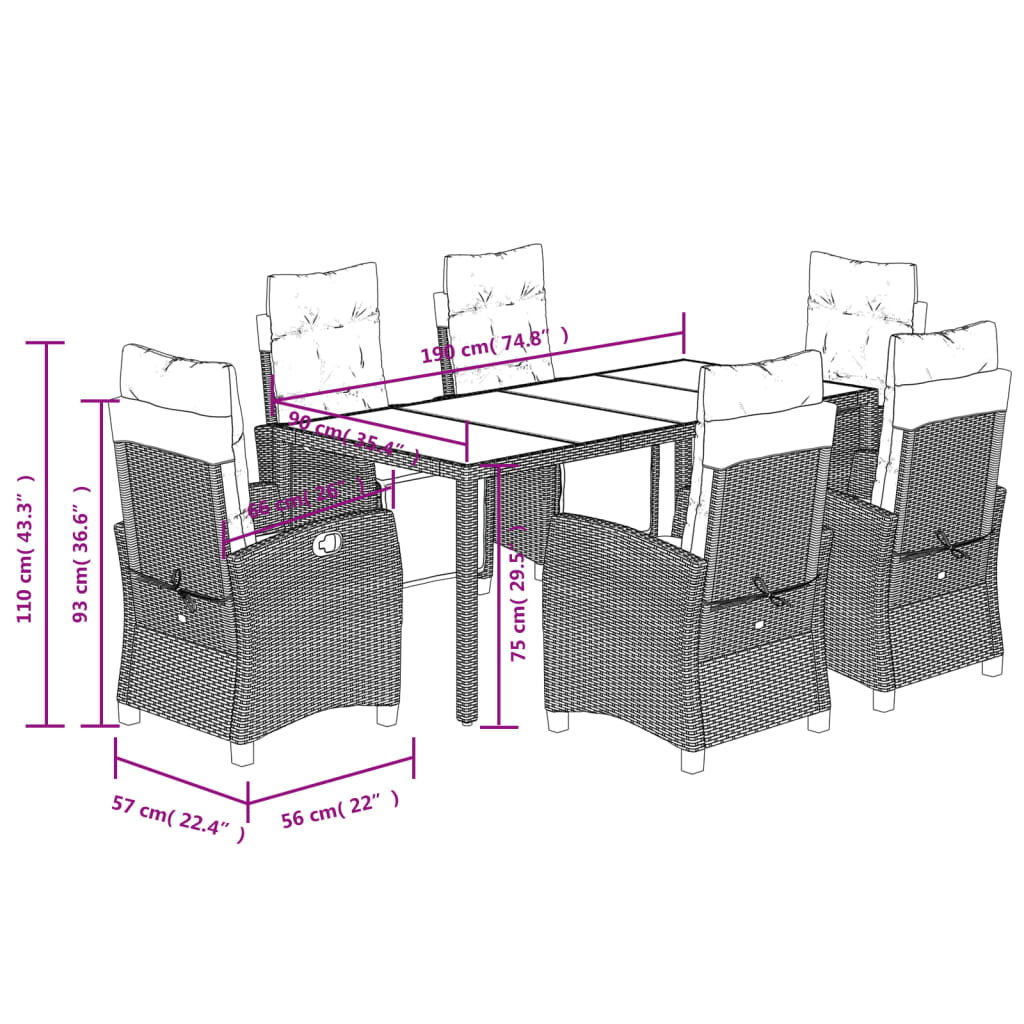Set da Pranzo da Giardino 7 pz Nero con Cuscini in Polyrattan | homemem39