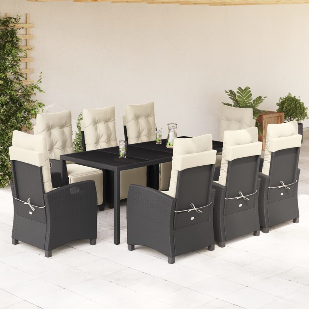 Set da Pranzo da Giardino 9 pz con Cuscini Nero in Polyrattan - homemem39