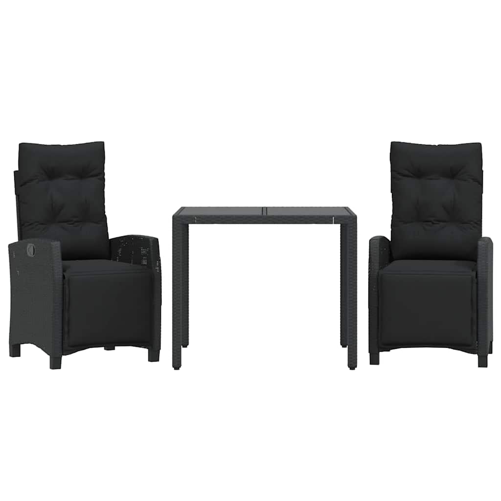 Set da Pranzo da Giardino 3 pz con Cuscini Nero in Polyrattan