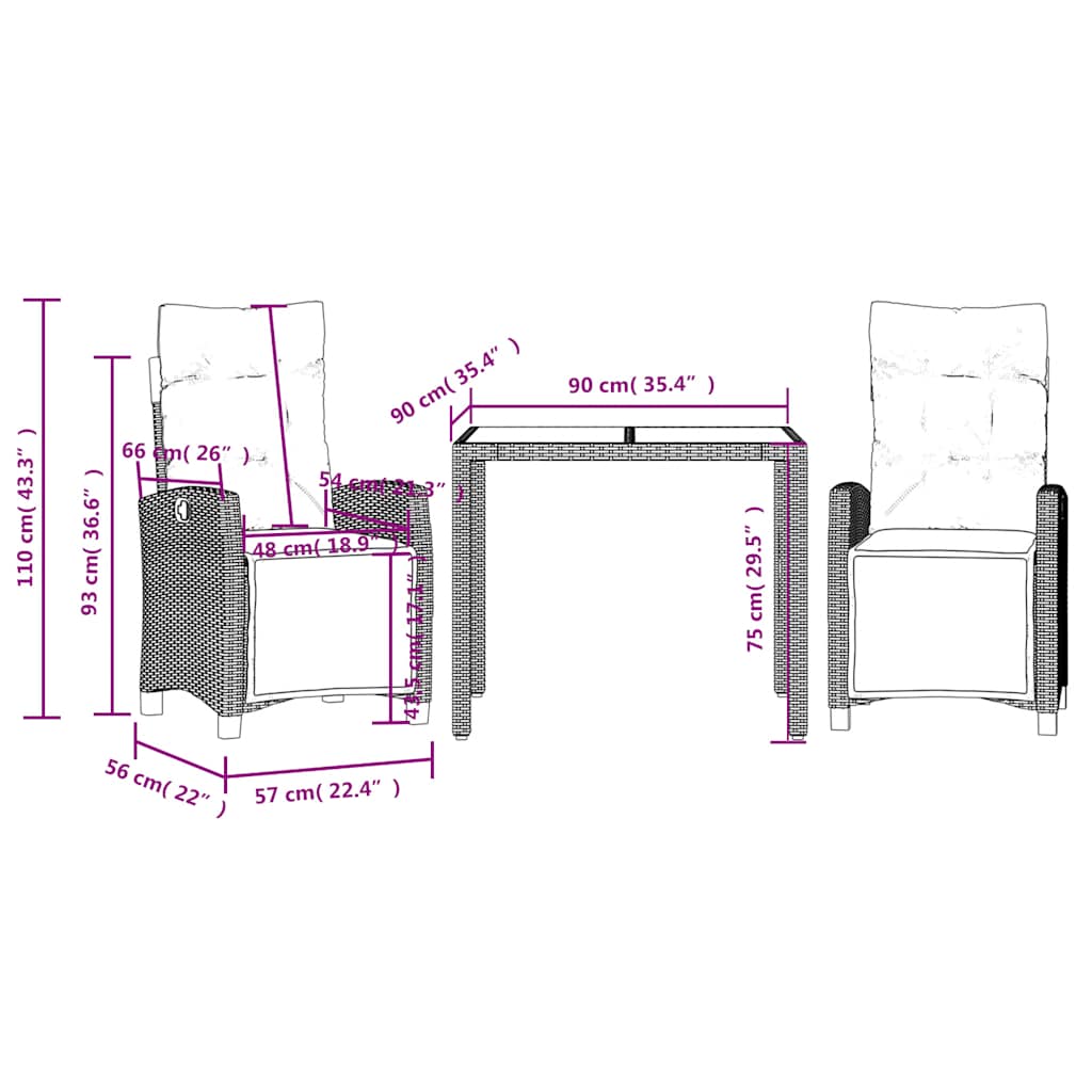 Set da Pranzo da Giardino 3 pz con Cuscini Nero in Polyrattan