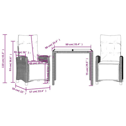 Set da Pranzo da Giardino 3 pz con Cuscini Nero in Polyrattan