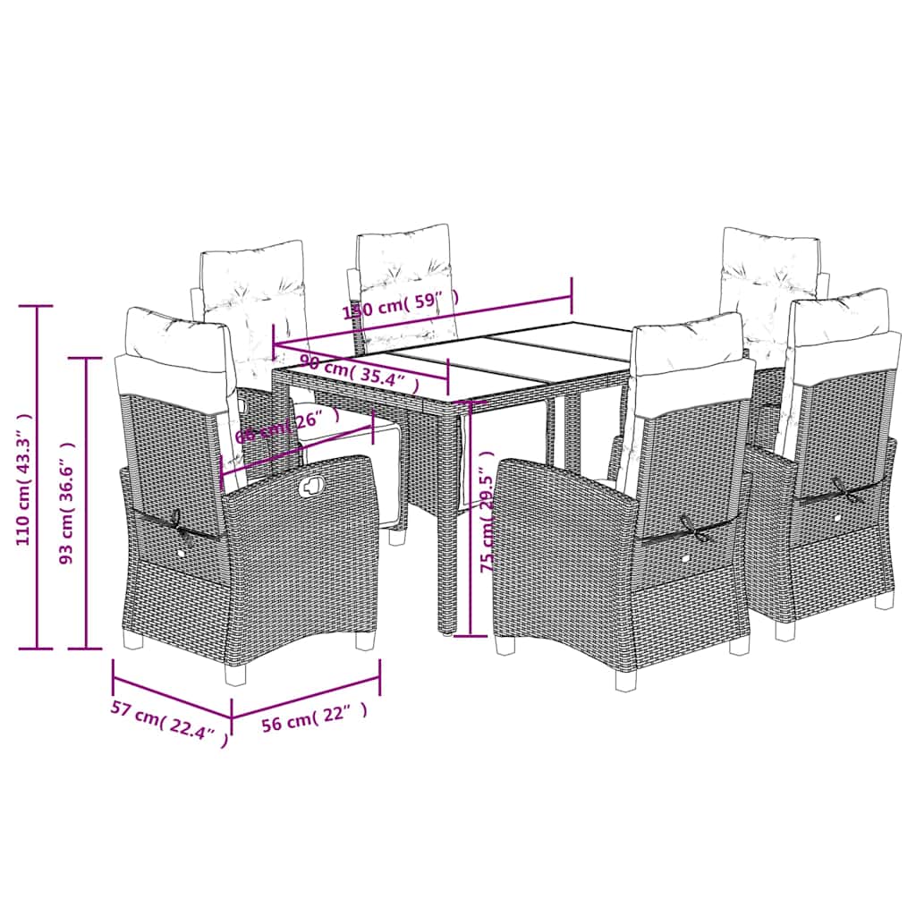 Set da Pranzo da Giardino 7 pz Nero con Cuscini in Polyrattan