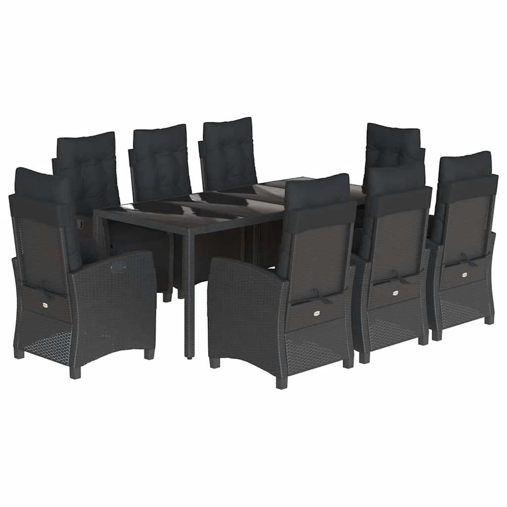 Set da Pranzo da Giardino 9 pz con Cuscini Nero in Polyrattan