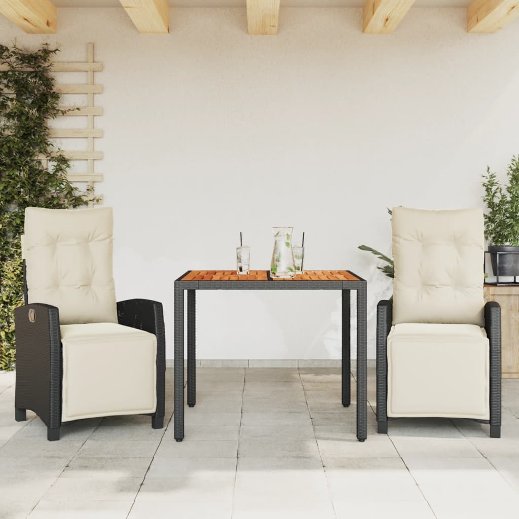Set da Pranzo da Giardino 3 pz con Cuscini Nero in Polyrattan - homemem39