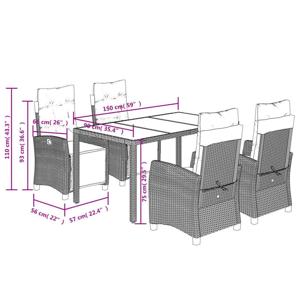 Set da Pranzo da Giardino 5 pz Nero con Cuscini in Polyrattan | homemem39