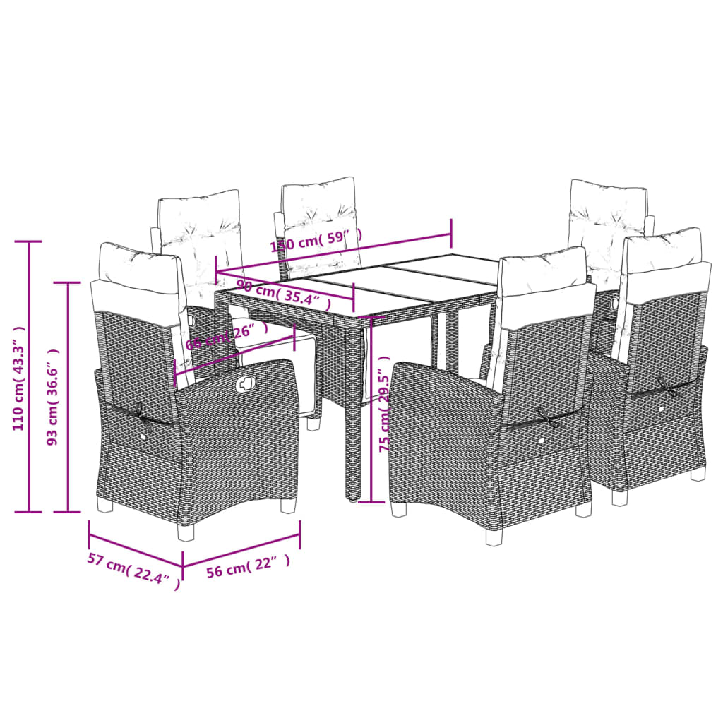 Set da Pranzo da Giardino 7 pz Nero con Cuscini in Polyrattan | homemem39