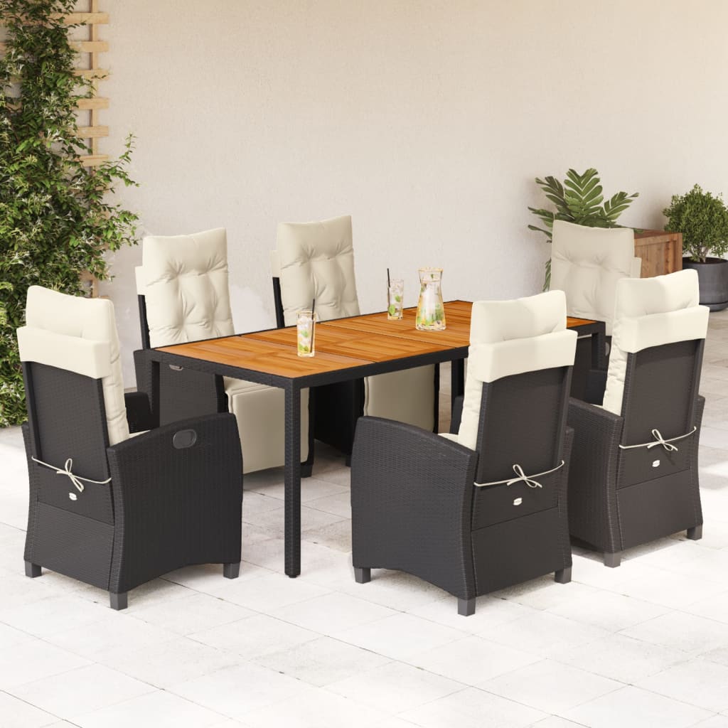 Set da Pranzo da Giardino 7 pz Nero con Cuscini in Polyrattan - homemem39