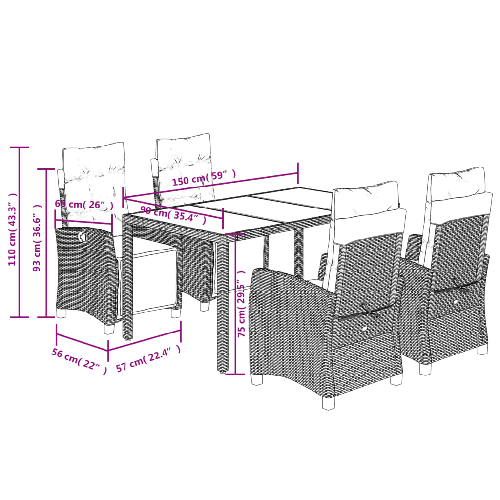 Set da Pranzo da Giardino 5 pz Nero con Cuscini in Polyrattan - homemem39