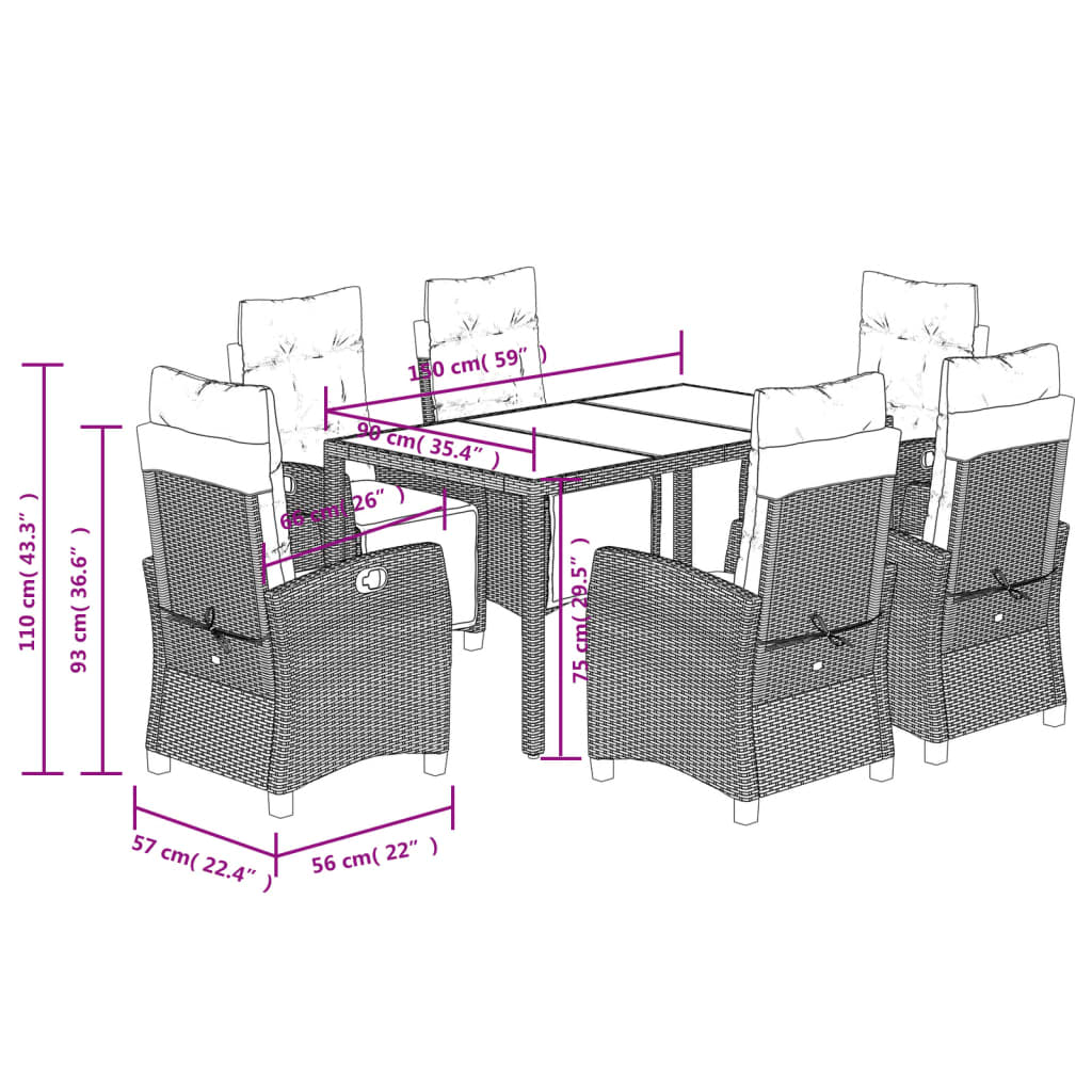 Set da Pranzo da Giardino 7 pz con Cuscini in Polyrattan Grigio | homemem39