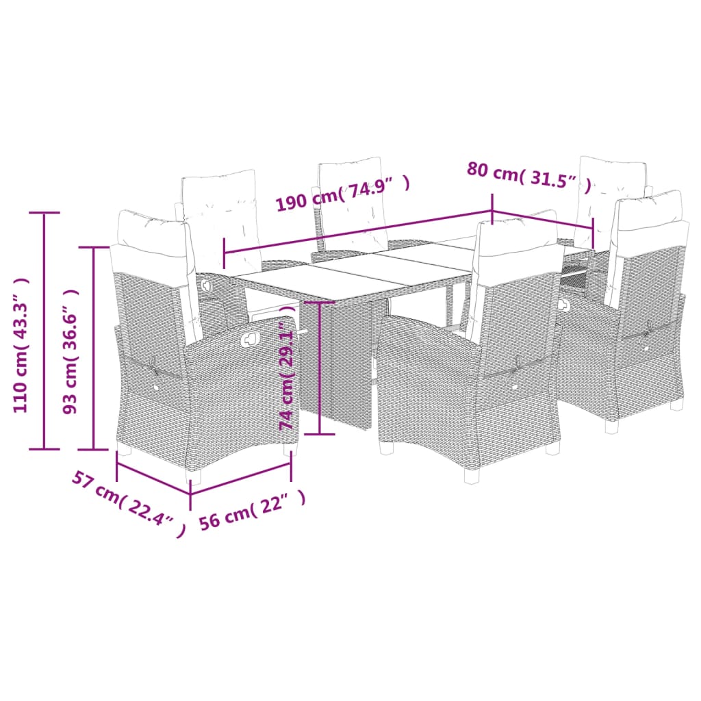 Set da Pranzo da Giardino 7 pz Nero con Cuscini in Polyrattan | homemem39