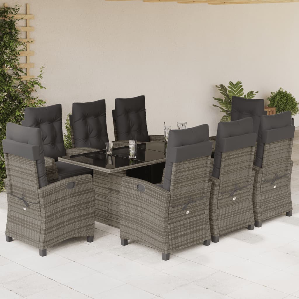 Set da Pranzo da Giardino 9 pz con Cuscini in Polyrattan Grigio - homemem39