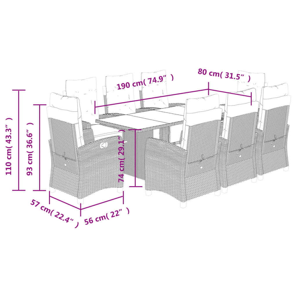 Set Pranzo da Giardino 9 pz con Cuscini Beige Misto Polyrattan