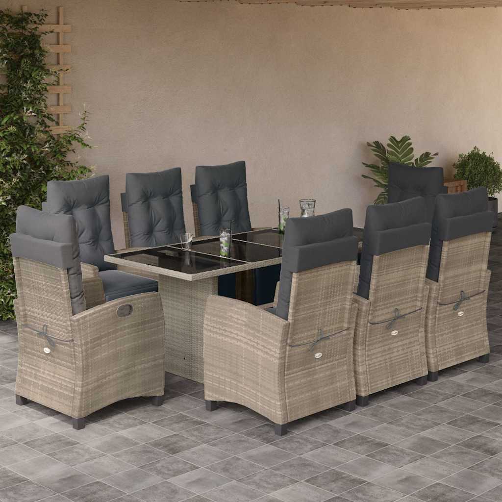 Set Pranzo da Giardino 9pz con Cuscini Grigio Chiaro Polyrattan - homemem39