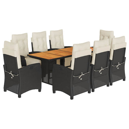 Set da Pranzo da Giardino 9 pz con Cuscini Nero in Polyrattan