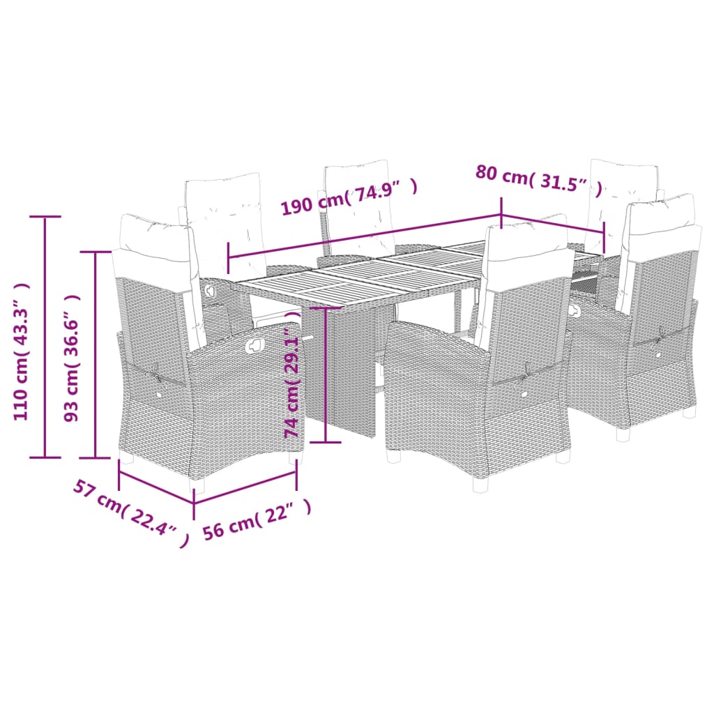 Set da Pranzo da Giardino 7 pz Nero con Cuscini in Polyrattan