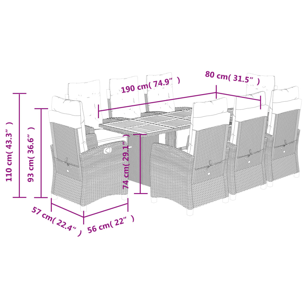 Set da Pranzo da Giardino 9 pz con Cuscini in Polyrattan Grigio | homemem39