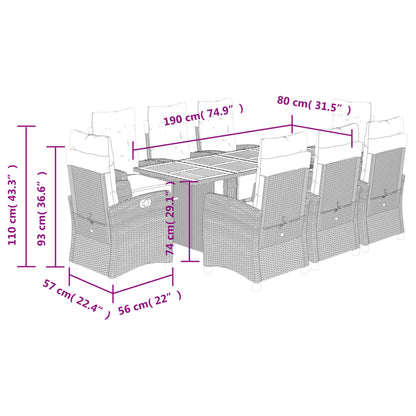 Set da Pranzo da Giardino 9 pz con Cuscini in Polyrattan Grigio