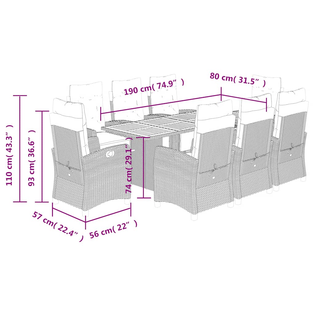 Set da Pranzo da Giardino 9 pz con Cuscini Beige in Polyrattan